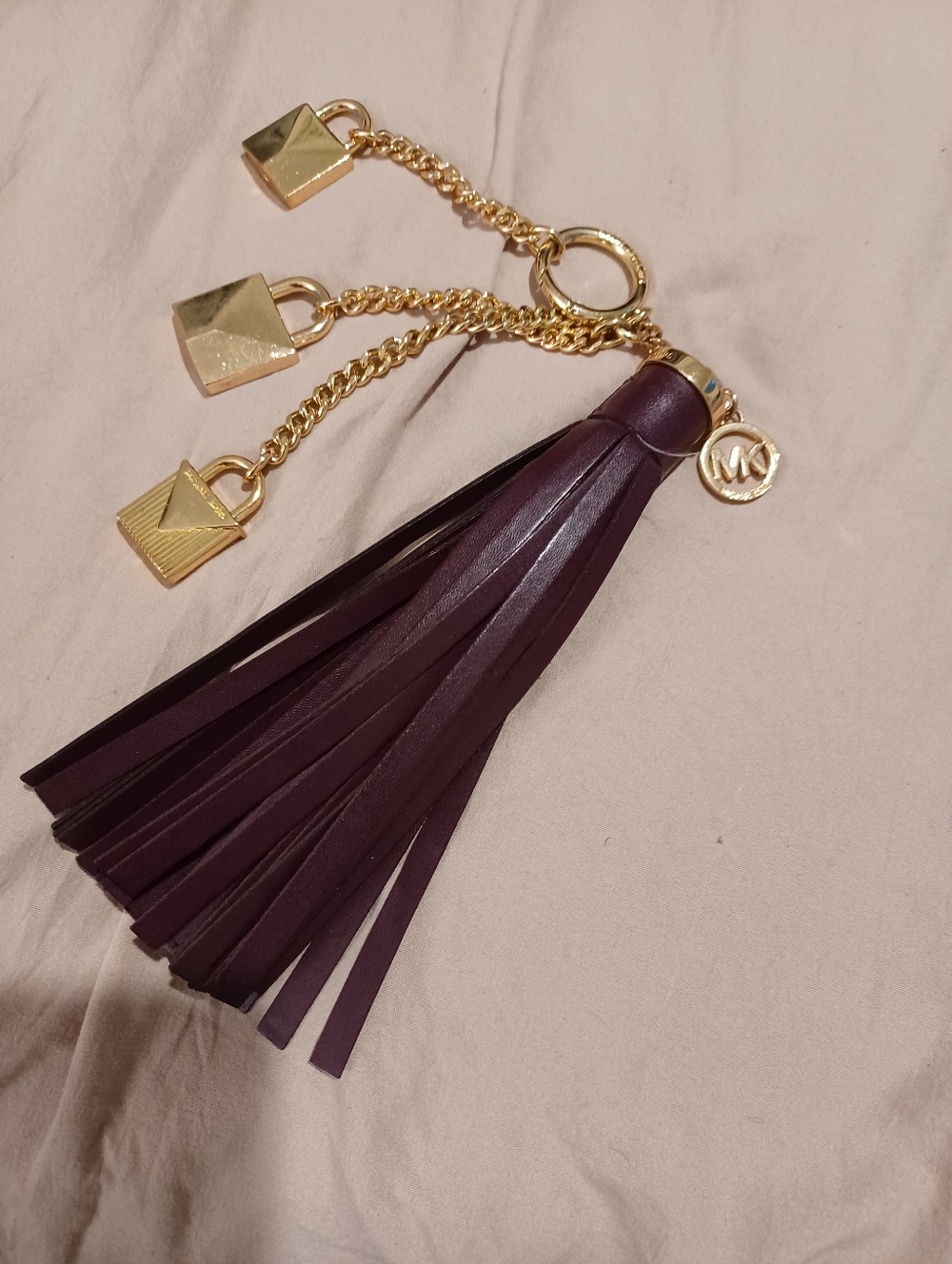Michael Kors Plum Leather Tassel Key Charm with Gold Chains